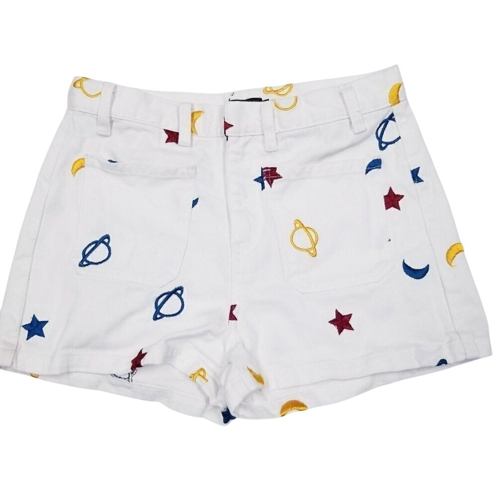 Stone Row White Denim Shorts Embroidered Celestial Moon Star Planet Design 28‎